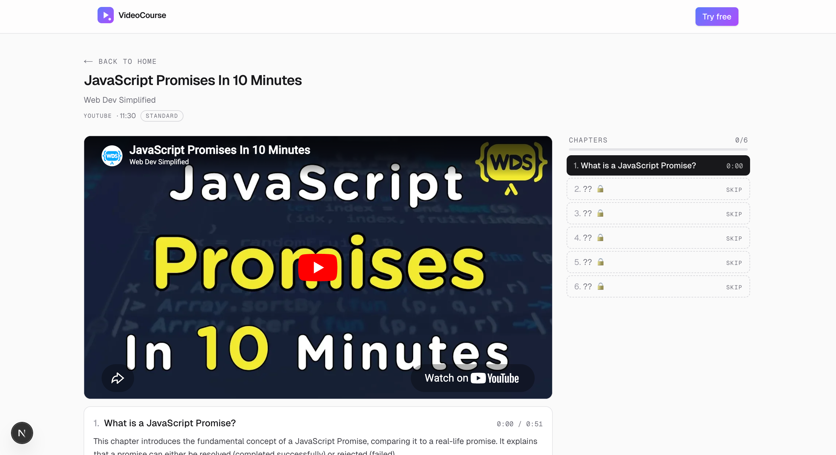 VidDojo — a YouTube tutorial turned into an interactive course with player, checkpoints, and chapter sidebar